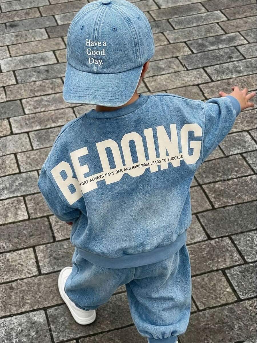 2pcs Baby Boys Back Letter Print 3D Printed Crew Neck Fleece Long Sleeve Sweatshirt And Matching Printed Fleece Sweatpants Set, Suitable For Autumn/Winter - Multicolor - View 1