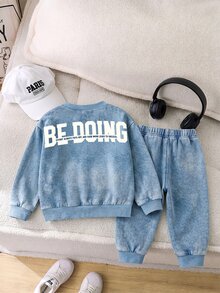 2pcs Baby Boys Back Letter Print 3D Printed Crew Neck Fleece Long Sleeve Sweatshirt And Matching Printed Fleece Sweatpants Set, Suitable For Autumn/Winter - Multicolor - View 2