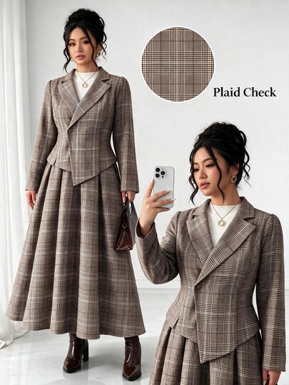 Elenzga Plus Size Women's Blazer And Flared Midi Skirt Set, Fitted Bodycon Mermaid Hem Mid-Length Skirt, Gentle Style Autumn/Winter Plaid Two Pieces