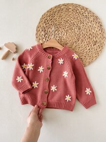 SHEIN 新生女嬰秋冬可愛百搭綠色卡通圖案針織開襟衫 - 粉色 - 查看 6