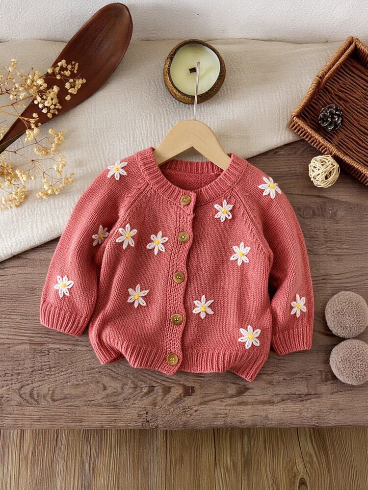 SHEIN Newborn Baby Girl Autumn/Winter Cute Versatile Green Cartoon Pattern Knitted Cardigan - Pink - View 8