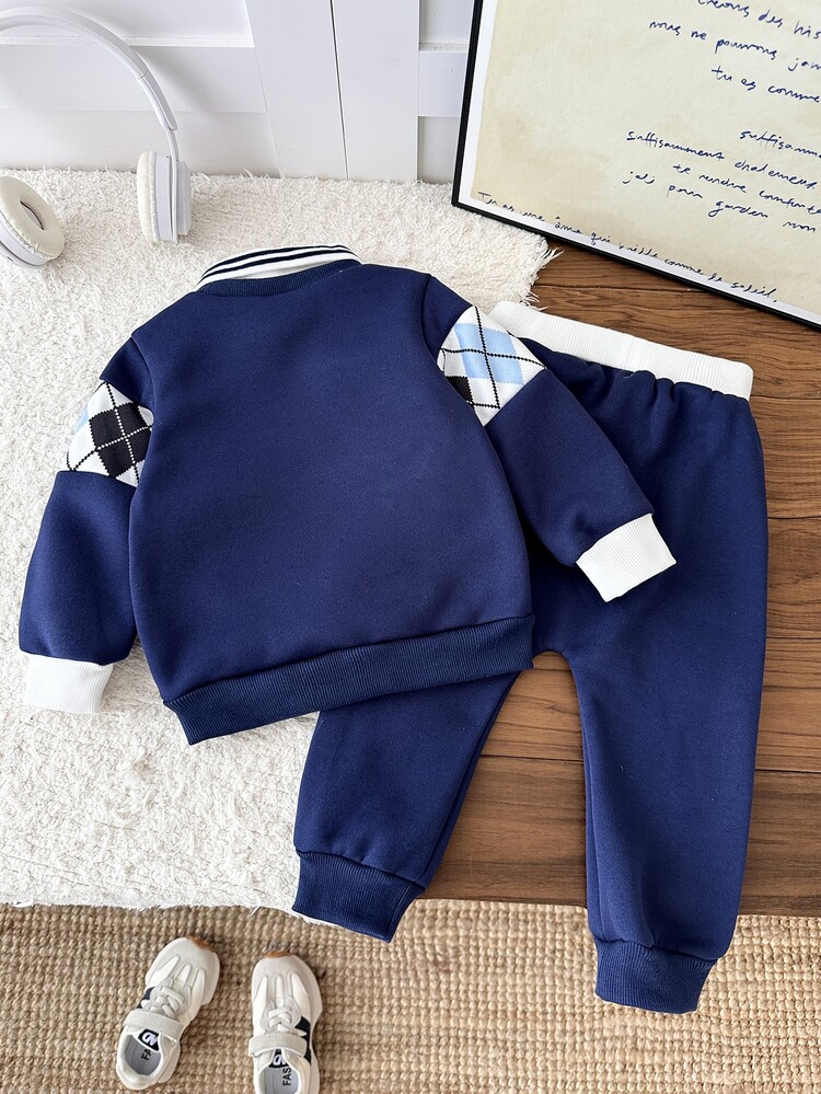 Souflis Souflis 2pcs Toddler Boys Polo Sweatshirt Pants Preppy Cute Navy Blue White Argyle Fleece Lined Long Sleeve Polo Neck Thick Holiday Fall Cozy Jogging Ribbed - Multicolor - View 2