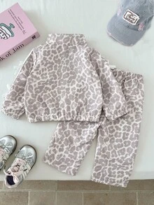 SHEIN Playful Pals 2件組幼女外套＋長褲，甜粉豹紋蝴蝶結緞帶側條紋，長袖小立領，生日派對秋季芭蕾公主運動時尚風 - 彩色 - 查看 2