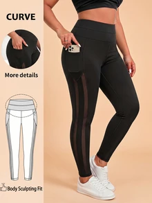 SHEIN Unity Women's Plus Size Tight Leggings, 9/10 Length, Mesh Patchwork, Yoga, Fitness, Cycling, Running, Workout, Daily Fashion - Black - View 2