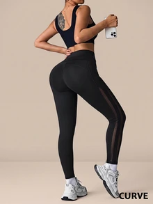 SHEIN Unity Women's Plus Size Tight Leggings, 9/10 Length, Mesh Patchwork, Yoga, Fitness, Cycling, Running, Workout, Daily Fashion - Black - View 3