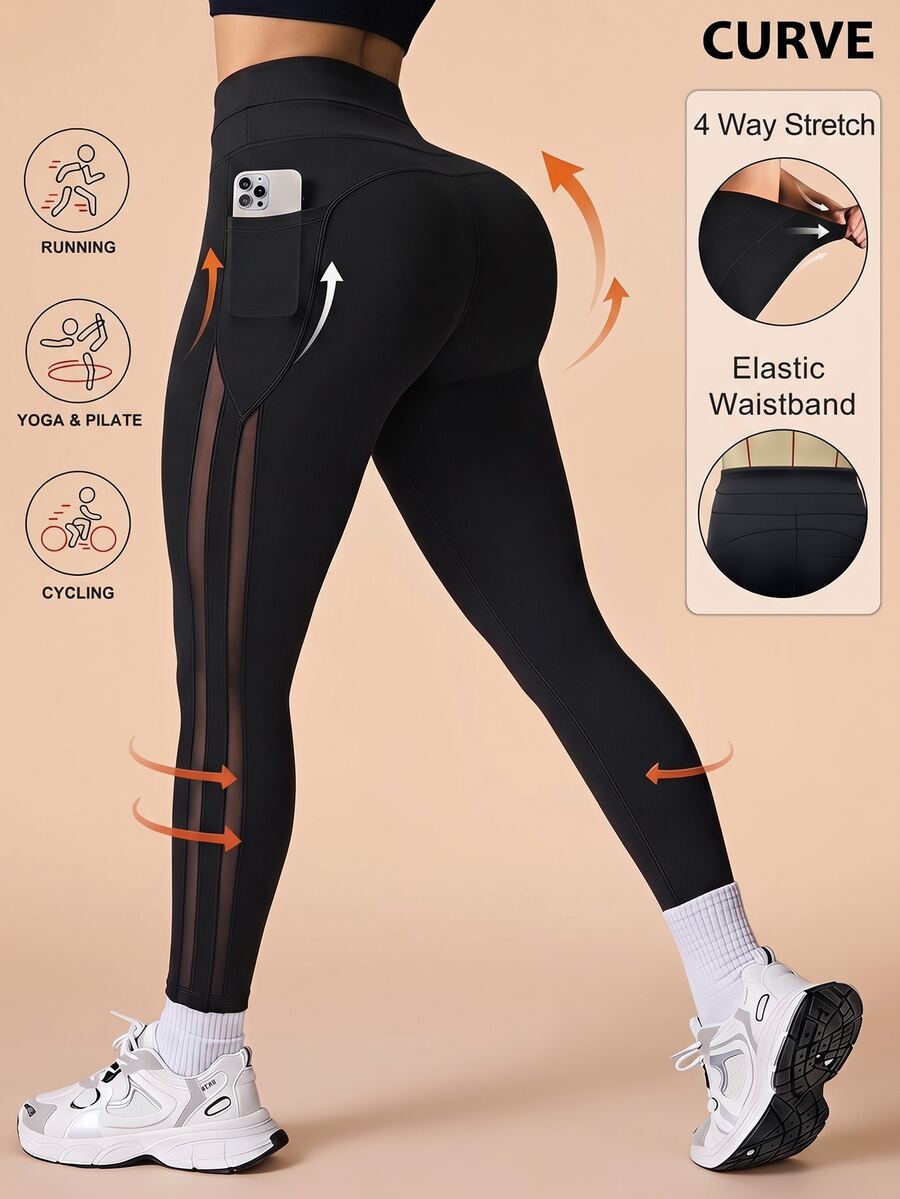SHEIN Unity Women's Plus Size Tight Leggings, 9/10 Length, Mesh Patchwork, Yoga, Fitness, Cycling, Running, Workout, Daily Fashion - Black - View 1