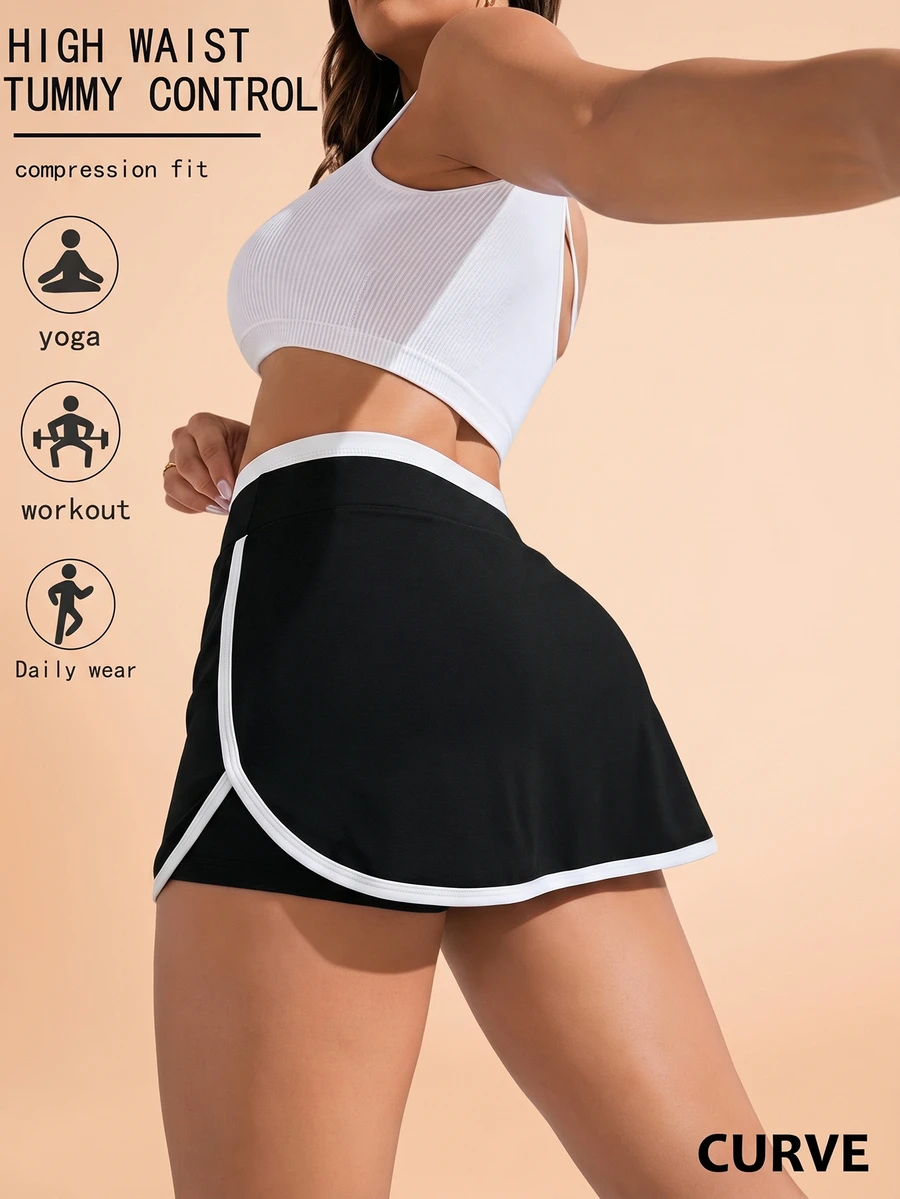 SHEIN Sports Rok Olahraga Wanita Ukuran Plus dengan Hiasan, Alternatif Gaya Kawaii, Alternatif Gaya Renaissance, Rok Pendek Tenis, Rok Pendek Olahraga ... - Hitam dan Putih - View 1