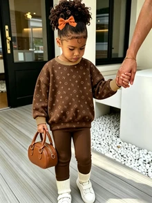 Fall Outfits Baby Girl Casual NY Small Logo Graphic Print Crew Neck Sweatshirt & Leggings Set Autumn Winter 2026 - Multicolor - View 1