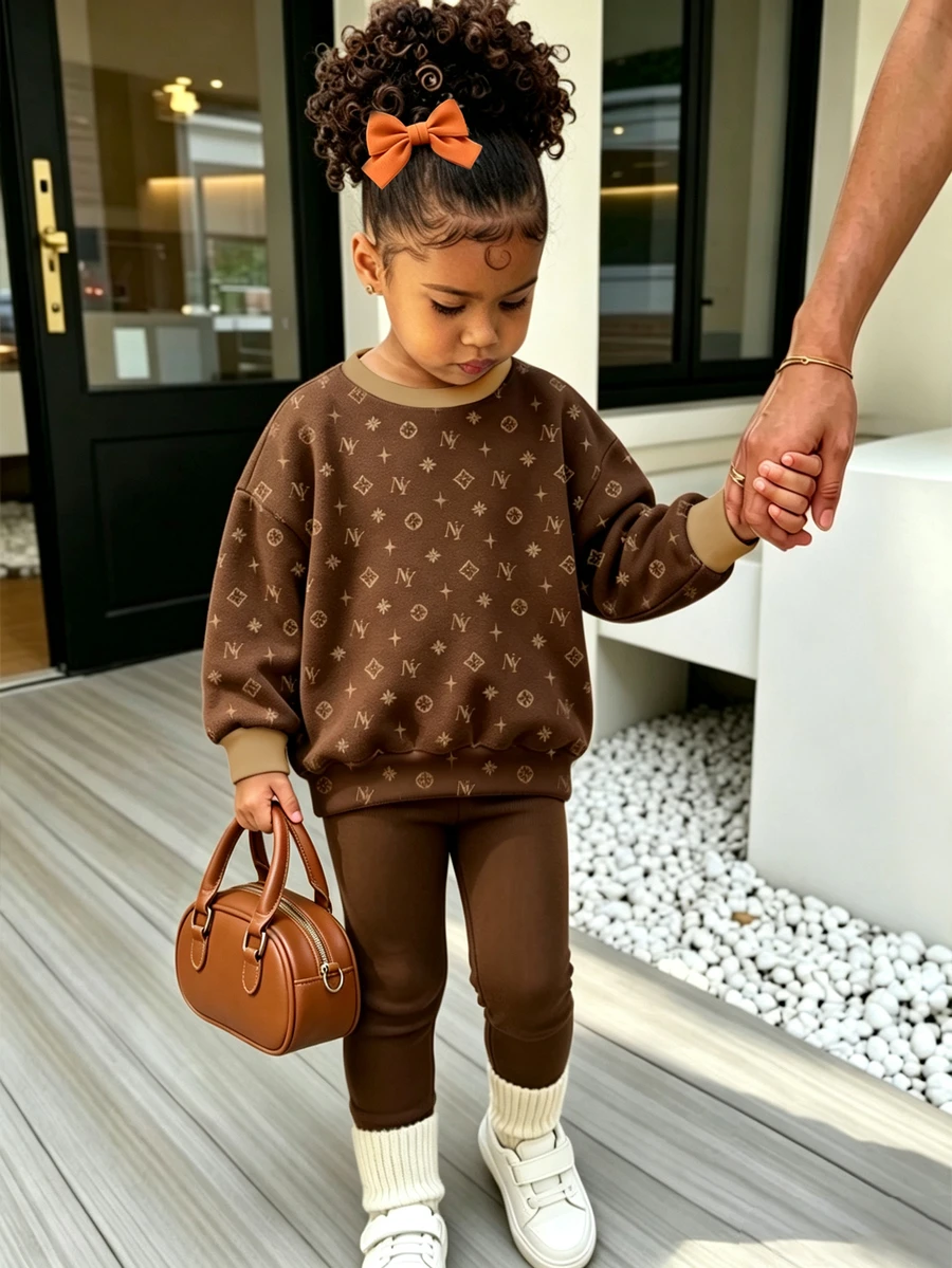 Fall Outfits Baby Girl Casual NY Small Logo Graphic Print Crew Neck Sweatshirt & Leggings Set Autumn Winter 2026 - Multicolor - View 1