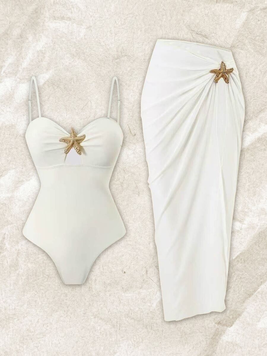 Elavelle 2pcs Women's Summer Solid Color Spaghetti Strap Starfish Decor Maxi Skirt High-Cut One-Piece Swimsuit Set White Elegant - Beige - View 1