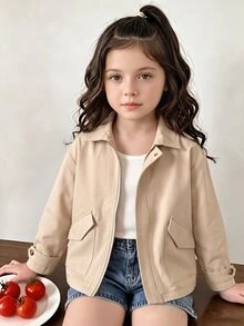 Jaket Streetwear Kasual untuk Remaja Perempuan, Jaket Minimalis dengan Kerah Model Utilitas, Plaket Tersembunyi, Dua Saku, Rapi, Tahan Lama, Serbaguna, Warna Beige, Cocok untuk Musim Gugur. - Khaki - View 4