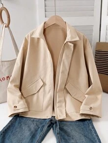 Jaket Streetwear Kasual untuk Remaja Perempuan, Jaket Minimalis dengan Kerah Model Utilitas, Plaket Tersembunyi, Dua Saku, Rapi, Tahan Lama, Serbaguna, Warna Beige, Cocok untuk Musim Gugur. - Khaki - View 9