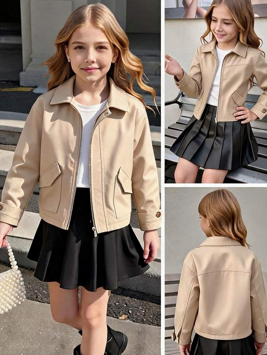 Jaket Streetwear Kasual untuk Remaja Perempuan, Jaket Minimalis dengan Kerah Model Utilitas, Plaket Tersembunyi, Dua Saku, Rapi, Tahan Lama, Serbaguna, Warna Beige, Cocok untuk Musim Gugur. - Khaki - View 1