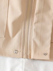 Jaket Streetwear Kasual untuk Remaja Perempuan, Jaket Minimalis dengan Kerah Model Utilitas, Plaket Tersembunyi, Dua Saku, Rapi, Tahan Lama, Serbaguna, Warna Beige, Cocok untuk Musim Gugur. - Khaki - View 5