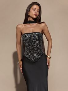 Gossip Girl X SHEIN SHEIN BAE Black Strapless Full Rhinestone Curved Hem Corset / Strapless Ribbon Rhinestone Boning Shaping Sexy Party Top - Black - View 5