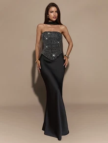 Gossip Girl X SHEIN SHEIN BAE Black Strapless Full Rhinestone Curved Hem Corset / Strapless Ribbon Rhinestone Boning Shaping Sexy Party Top - Black - View 6