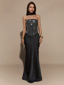Gossip Girl X SHEIN SHEIN BAE Black Strapless Full Rhinestone Curved Hem Corset / Strapless Ribbon Rhinestone Boning Shaping Sexy Party Top - Black - View 3
