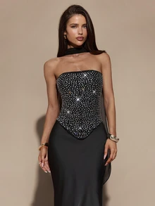 Gossip Girl X SHEIN SHEIN BAE Black Strapless Full Rhinestone Curved Hem Corset / Strapless Ribbon Rhinestone Boning Shaping Sexy Party Top - Black - View 4
