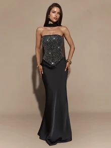 Gossip Girl X SHEIN SHEIN BAE Black Strapless Full Rhinestone Curved Hem Corset / Strapless Ribbon Rhinestone Boning Shaping Sexy Party Top - Black - View 7