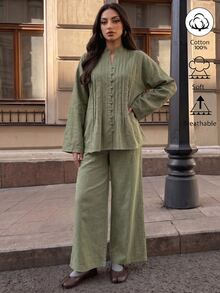 SHEIN Grey-Green Stand Collar Accordion Pleated Top And Wide Leg Pants Two Pieces Set, Vertical Pleats On Front With Matching Color Bead Buttons, High-Waist Wide Leg Pants To Flatter Leg Shape, Suitable For Spring/Summer Vacation, Zen Travel, Daily Commute - Green - View 7