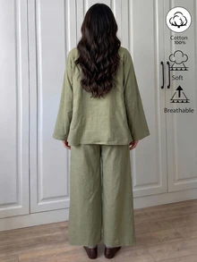 SHEIN Grey-Green Stand Collar Accordion Pleated Top And Wide Leg Pants Two Pieces Set, Vertical Pleats On Front With Matching Color Bead Buttons, High-Waist Wide Leg Pants To Flatter Leg Shape, Suitable For Spring/Summer Vacation, Zen Travel, Daily Commute - Green - View 3