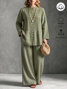 SHEIN Grey-Green Stand Collar Accordion Pleated Top And Wide Leg Pants Two Pieces Set, Vertical Pleats On Front With Matching Color Bead Buttons, High-Waist Wide Leg Pants To Flatter Leg Shape, Suitable For Spring/Summer Vacation, Zen Travel, Daily Commute - Green - View 5