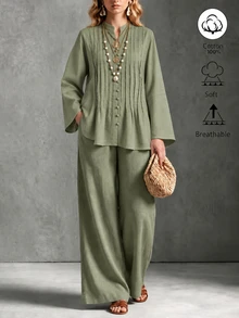 SHEIN Grey-Green Stand Collar Accordion Pleated Top And Wide Leg Pants Two Pieces Set, Vertical Pleats On Front With Matching Color Bead Buttons, High-Waist Wide Leg Pants To Flatter Leg Shape, Suitable For Spring/Summer Vacation, Zen Travel, Daily Commute - Green - View 8