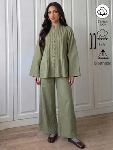SHEIN Grey-Green Stand Collar Accordion Pleated Top And Wide Leg Pants Two Pieces Set, Vertical Pleats On Front With Matching Color Bead Buttons, High-Waist Wide Leg Pants To Flatter Leg Shape, Suitable For Spring/Summer Vacation, Zen Travel, Daily Commute - Green - View 4