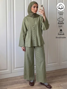 SHEIN Grey-Green Stand Collar Accordion Pleated Top And Wide Leg Pants Two Pieces Set, Vertical Pleats On Front With Matching Color Bead Buttons, High-Waist Wide Leg Pants To Flatter Leg Shape, Suitable For Spring/Summer Vacation, Zen Travel, Daily Commute - Green - View 6
