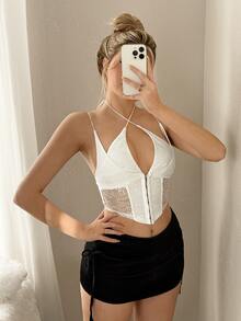 SHEIN ICON 优雅纯色镂空蕾丝前扣吊带背心 - 白色 - 查看 3