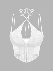 SHEIN ICON 优雅纯色镂空蕾丝前扣吊带背心 - 白色 - 查看 7