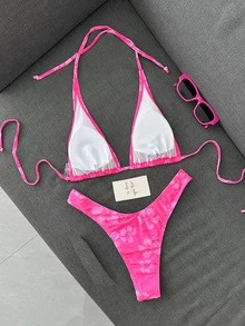SHEIN Swim Ladies' Simple Printed Two-Piece Bikini Set (Copyrighted) Summer Beach - Multicolor - View 3