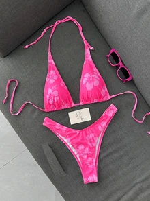 SHEIN Swim Ladies' Simple Printed Two-Piece Bikini Set (Copyrighted) Summer Beach - Multicolor - View 4