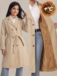 SHEIN Girls' Classic Double-Breasted Trench Coat With Fleece Lining, Winter Long Jacket - Khaki - View 1