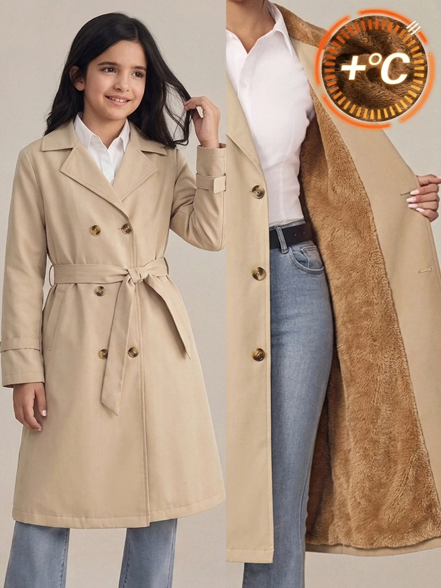 SHEIN Girls' Classic Double-Breasted Trench Coat With Fleece Lining, Winter Long Jacket - Khaki - View 1