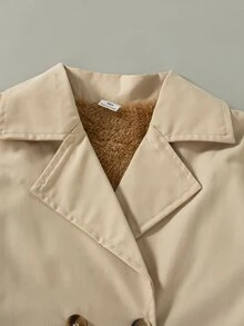 SHEIN Girls' Classic Double-Breasted Trench Coat With Fleece Lining, Winter Long Jacket - Khaki - View 4
