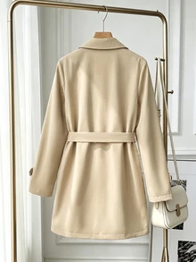 SHEIN Girls' Classic Double-Breasted Trench Coat With Fleece Lining, Winter Long Jacket - Khaki - View 2
