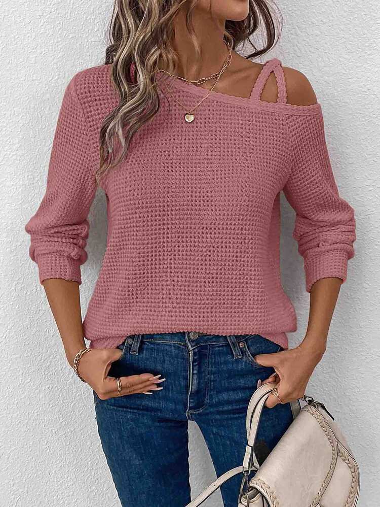 SHEIN LUNE Women's Asymmetrical Shoulder Lantern Sleeve Waffle Texture Fabric Long Sleeve T-Shirt, Casual Commute Streetwear, Autumn/Winter - Dusty Pink - View 3