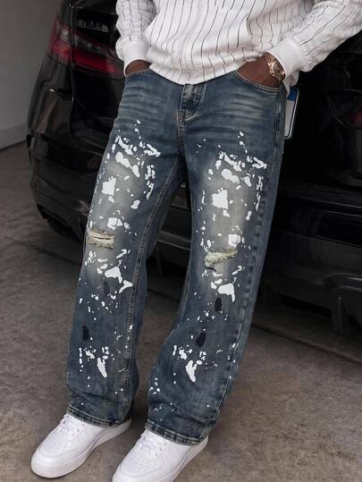 GETOML Men's Casual Mid-Waist Distressed Slim Fit Jeans,Paint Splatter Ripped Drip Splash Ink Jeans,Blue White Stripe,Summer,Streetwear,City Break