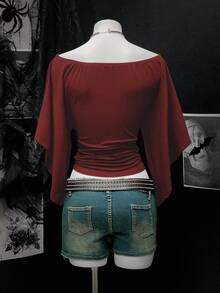 EgrlEra Women's Solid Color Ruched Off Shoulder Cinched Waist Retro Sexy T-Shirt - Burgundy - View 2