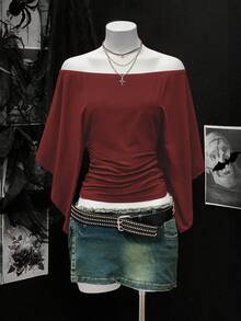 EgrlEra Women's Solid Color Ruched Off Shoulder Cinched Waist Retro Sexy T-Shirt - Burgundy - View 4