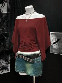 EgrlEra Women's Solid Color Ruched Off Shoulder Cinched Waist Retro Sexy T-Shirt - Burgundy - View 5