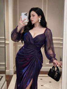 Vibekara Plus Size Purple Iridescent Long Sleeve Dress, Waist-Defining Curve-Flattering Party Dress, Shiny And Eye-Catching Fall - Purple - View 4