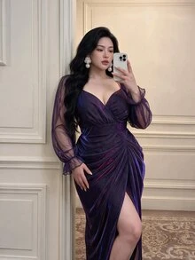 Vibekara Plus Size Purple Iridescent Long Sleeve Dress, Waist-Defining Curve-Flattering Party Dress, Shiny And Eye-Catching Fall - Purple - View 7