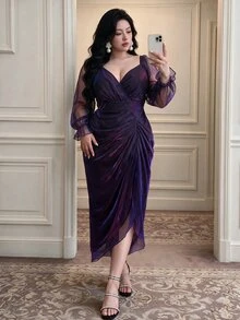 Vibekara Plus Size Purple Iridescent Long Sleeve Dress, Waist-Defining Curve-Flattering Party Dress, Shiny And Eye-Catching Fall - Purple - View 2