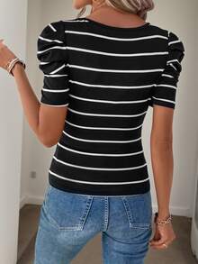 Easowa 黑白条纹休闲灯笼袖U领修身女式T恤 - 黑與白 - 查看 2