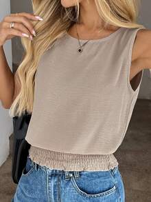 Easowa 女士休闲纯色无袖圆领基础款可爱上衣，春夏日常穿着，适合夏季外出穿着 - 杏色 - 查看 5