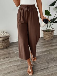 Easowa 女款深棕色棉麻九分褲，秋季休閒度假寬腿鬆身長褲，鬆緊腰頭，返校教師制服，早午餐穿搭 - 棕色 - 查看 6