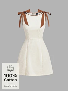 SHEIN MOD Women's Summer Elegant French Bow Decor Sleeveless Mini Dress Beach Beige - Apricot - View 3