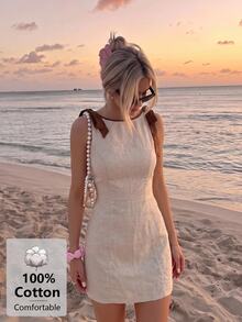 SHEIN MOD Women's Summer Elegant French Bow Decor Sleeveless Mini Dress Beach Beige - Apricot - View 5